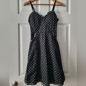 Sourpuss Black Gray Polka Dot Bows Retro 1950s Vibe Strappy Dress Size Medium